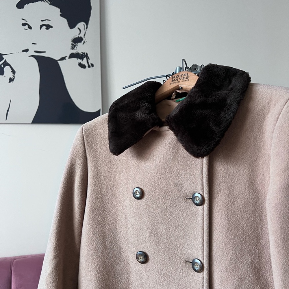 United Colors of Benetton Wool Blend Pea Coat Beige Faux Fur Collar Italy XS‎